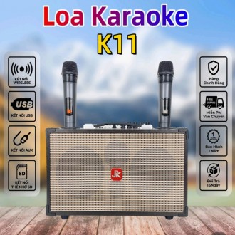 JK-K11 120W Loa Karaoke Di Động Nghe Nhạc Xách Tay Bluetooth Mini Bass 12cm x 2 - 3 Đường Tiếng, 2 Micro không dây, Loa ngoài trời, Loa gia đình